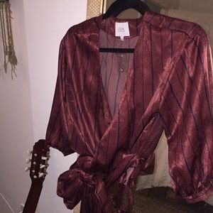 Wrap silky pinstripe blouse